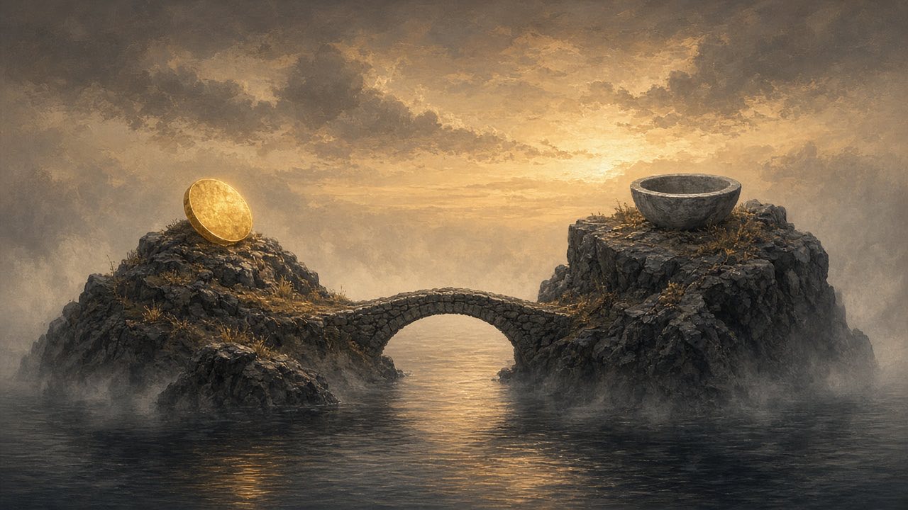 Two islands and one bridge, a gold disc on the near side and an empty bowl on the far side