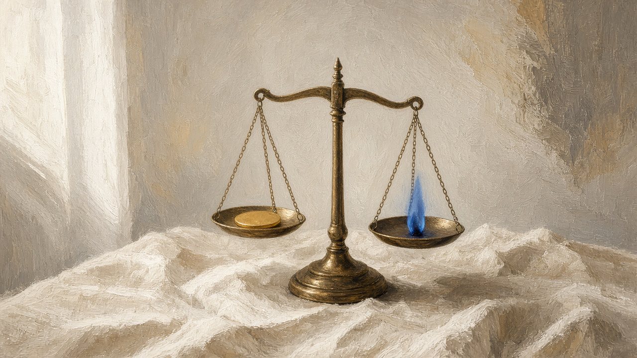 A balance scale with a gold disc on one pan and a small flame on the other